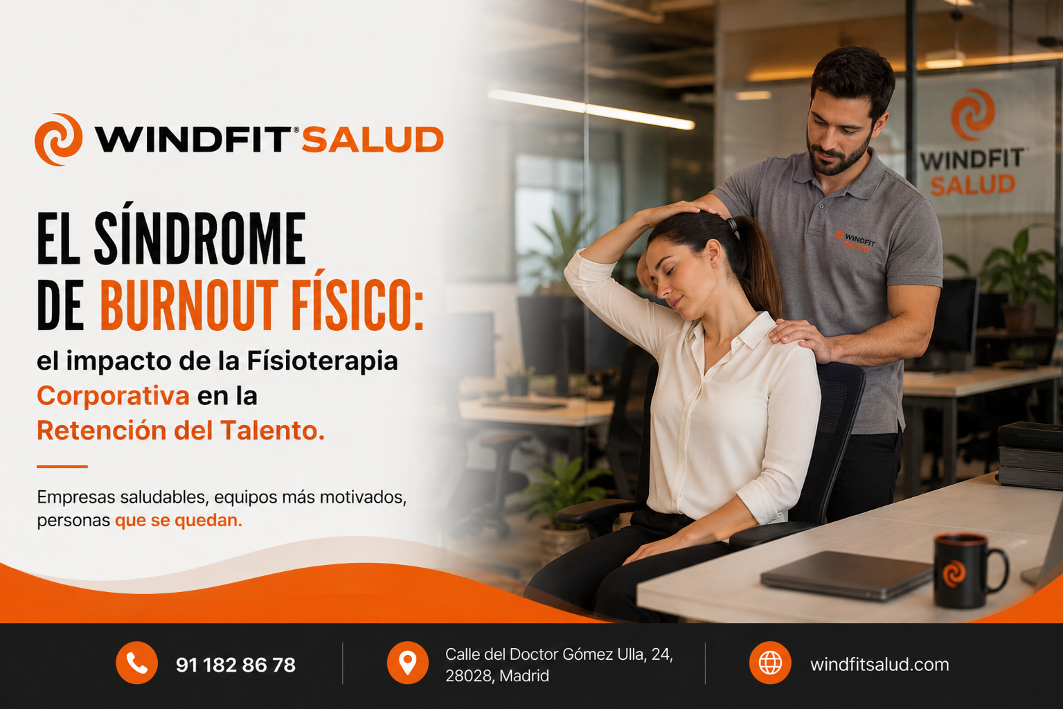 Fisioterapeuta realizando una valoración postural a un trabajador dentro de un programa de fisioterapia corporativa para prevenir el síndrome de burnout físico y mejorar la salud laboral.